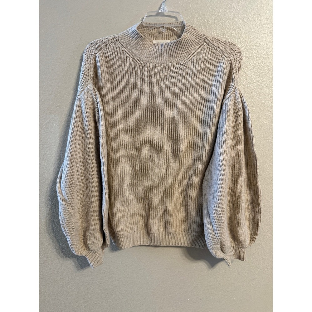 Leith Sweater Womens Small Oatmeal Excellent Puff Sleeve Ribbed Knit Mock Neck
